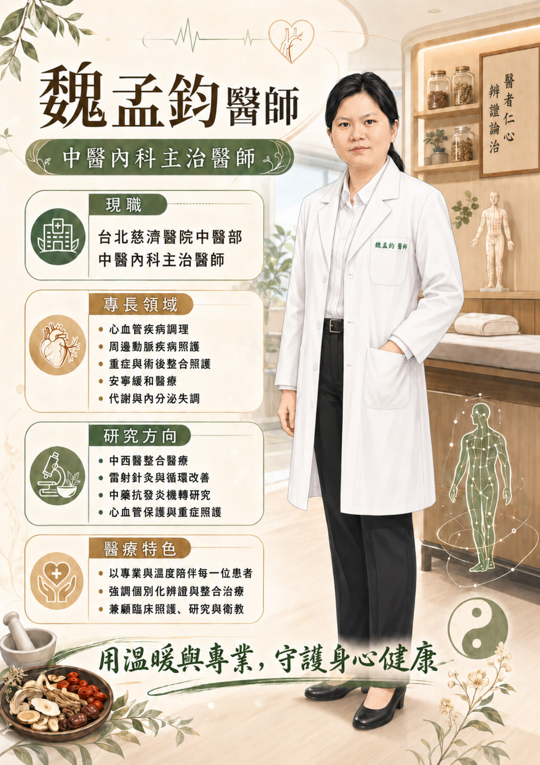 魏孟鈞醫師個人介紹圖：台北慈濟醫院中醫部中醫內科主治醫師，列出現職、專長領域、研究方向與醫療特色