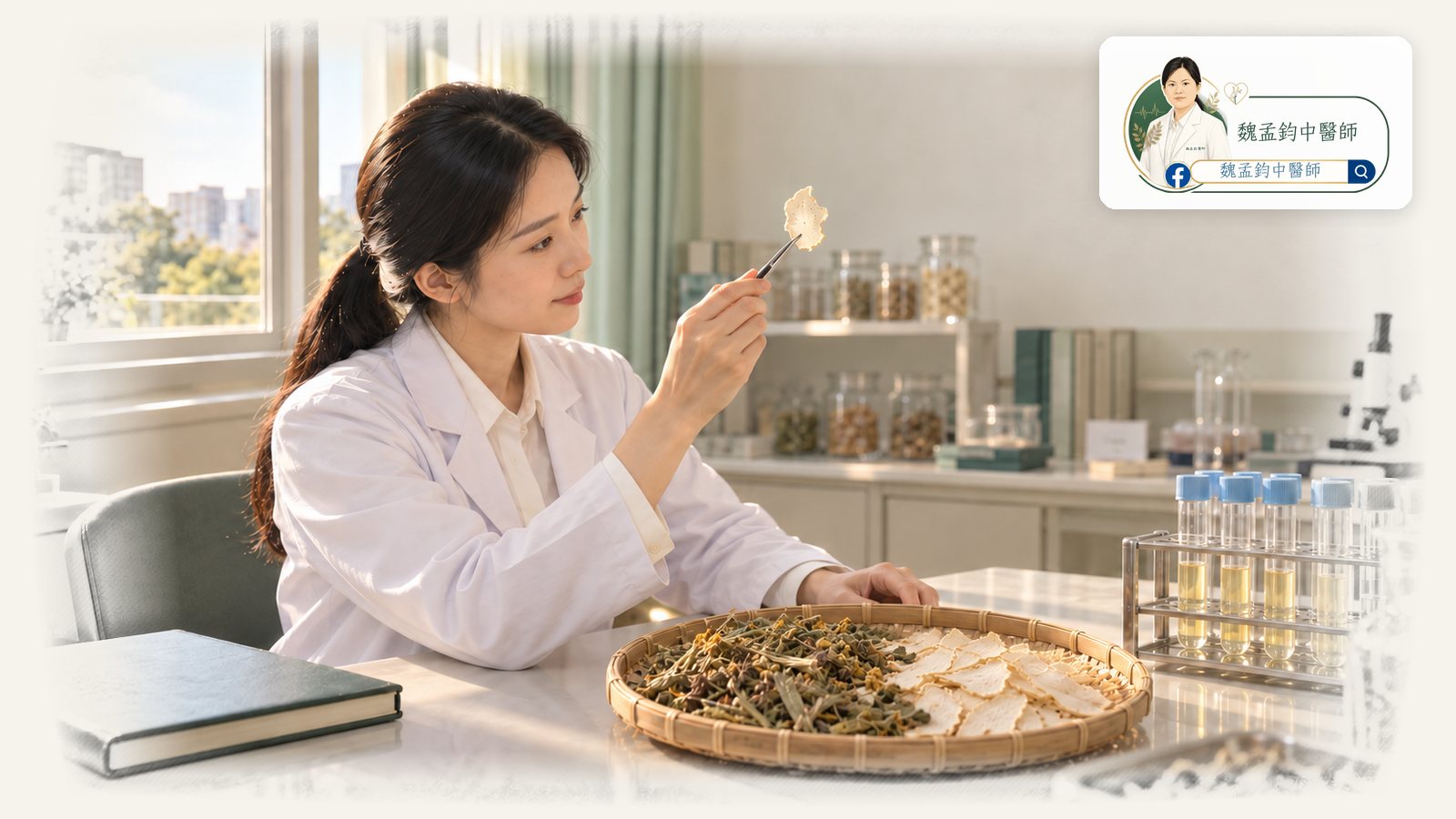 研究室窗邊,女性中醫師以鑷子夾起一片白及飲片對著窗光端詳,桌上竹篩分放仙鶴草與白及,旁邊試管架上是裝著淡黃色血漿的試管