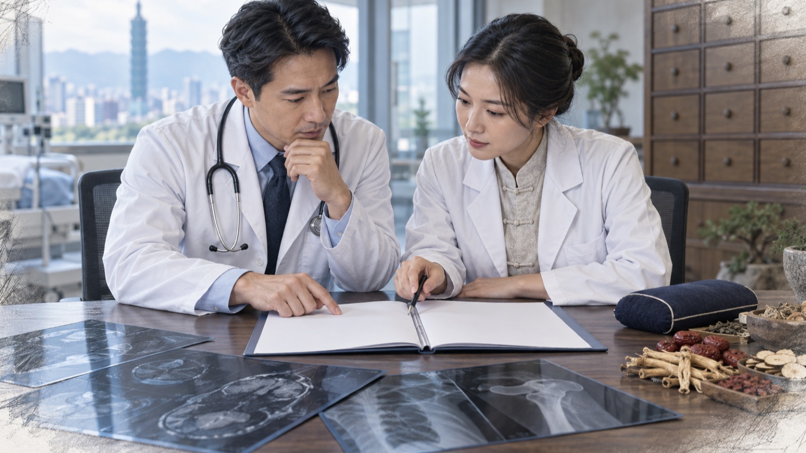 西醫師與中醫師並肩檢視同一份病歷與影像
