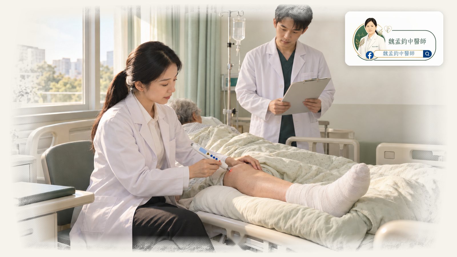 台灣醫院病房窗邊,女性中醫師以筆型雷射針灸儀照射病人小腿,病人左腳以白色紗布包紮,男性住院醫師拿著病歷站在床尾