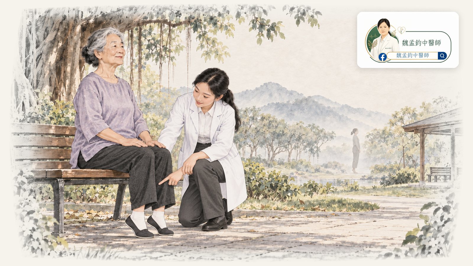 老榕樹下的社區公園裡,一位穿淡紫色上衣、白襪布鞋的阿嬤坐在木長椅上,前腳掌貼地、腳跟抬起,做坐姿提踵;身穿白袍、綁低馬尾的女醫師單膝蹲在一旁,用手指向她的小腿。遠方有人站著踮腳,背景是木造涼亭與淡淡的山。水墨淡彩風格。