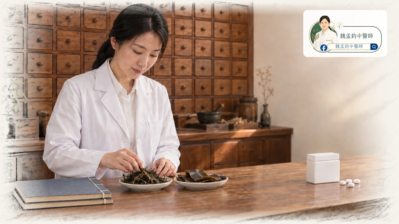 女性中醫師在百子櫃前的調劑台比對乾燥的海藻與昆布,台面左側疊放著兩本線裝古籍,右側隔開一段距離放著白色藥盒與藥錠