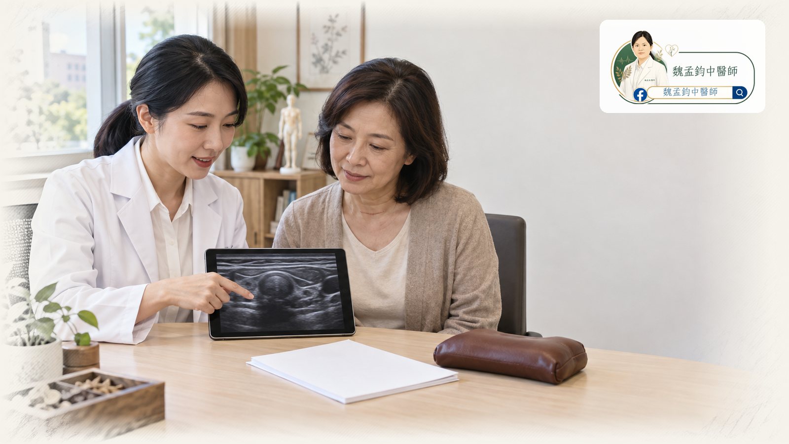 女性中醫師在診間與中年女性病人一起看平板電腦上的頸部超音波影像，病人頸前有一道已癒合的手術疤痕，桌上放著空白報告紙與脈枕